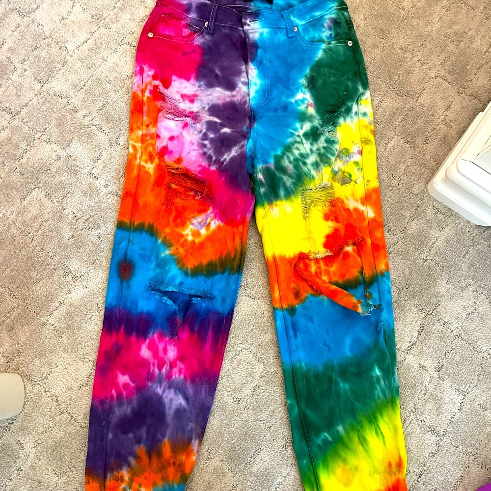 Dressed in LaLa high waisted rainbow jeans!